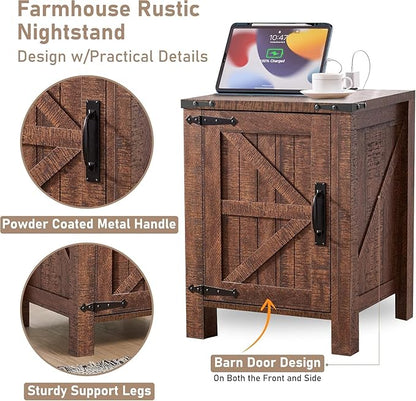 OKD Farmhouse Nightstand Set of 2 with Charging Station, 18 Inch Rustic End Table with Barn Door Cabinet, Adjustable Storage Shelf, Wood Sofa Side Table for Living Room, Bedroom, Reclaimed Barnwood