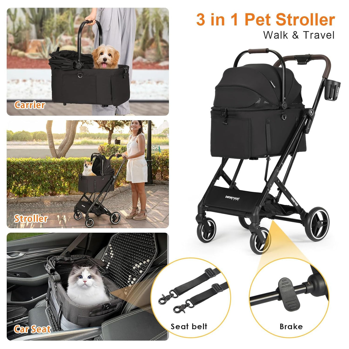 X2 Pet Stroller, Dog Cat Stroller for Small Pets Under 44lbs, Equipped with Detachable & Foldable Carrier, Waterproof Pad & Sunshade Canopy,Camel (Black)