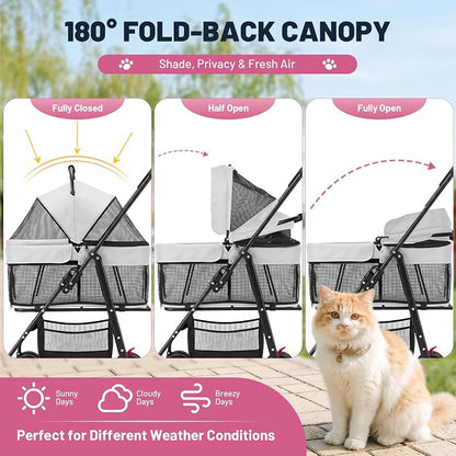 Dog Stroller for Small Dogs, Panoramic Mesh Pet Cat Stroller with Detachable Carrier, Foldable Pet Stroller up to 35 lb, with Safety Tether, Puppy Doggie Stroller for Medium Dogs 20 lbs Grey