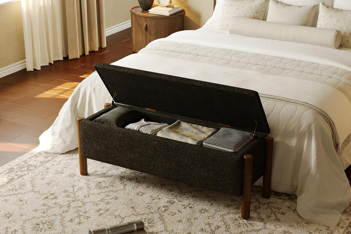 Modern Storage Benches with Walnut Wood Legs, 47'' Ottoman Bench with 20 Gallons Storage Space for Bedroom End of Bed, Fabric Upholstered Entryway Bench with Seating for Livingroom, Gray