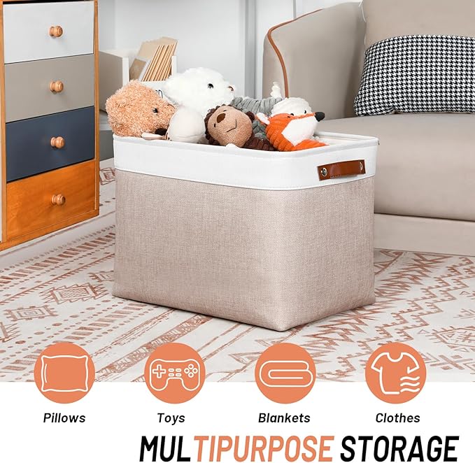 DULLEMELO Fabric Storage Bins, Lining Fabric Baskets For Gifts, Large Storage Baskets for Toys Books Clothes Storage, Foldable Storage Basket for Office Home Shelves Closets Organizing(White&Khaki)