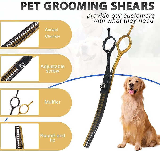 7" Curved Thinner Dog Scissor, Curved Chunker Scissors, 21 Teeth, 40% Thinning Rate, Professional Pet Shear for Groomer, Ergonomic Dog Grooming Scissor, Dogs Shear for Grooming