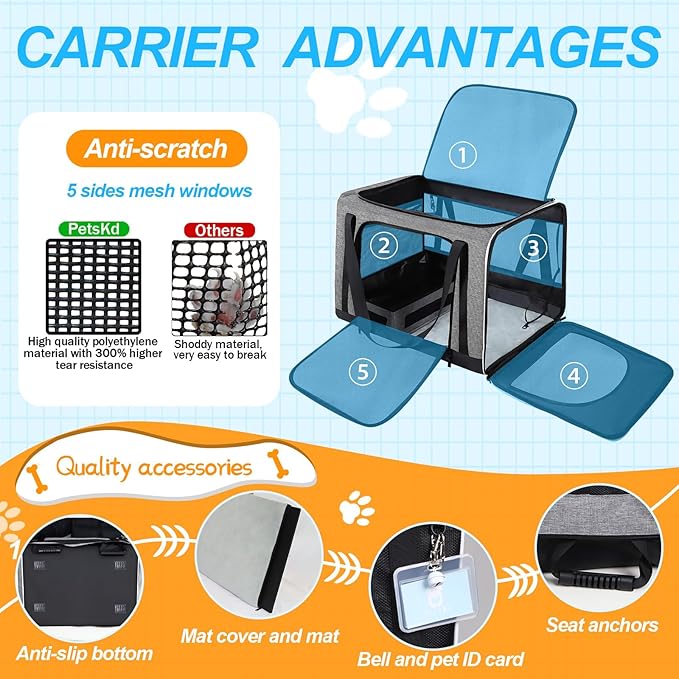 Petskd Extra Large Cat Carrier with Litter Box 24"x17"x17" for Medium Large Cat or 2 Small Cats, Collapsible Soft Sided Pet Carrier for Car Travel with Lockable Safety Zippers(Grey)