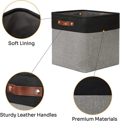 DULLEMELO Storage Bins for Organizing,Closet Storage Baskets for Gift Empty,Large Linen Canvas Storage Bins with Handles for Home Office Toys Shelves(Black&Grey, 13 inch Cube)