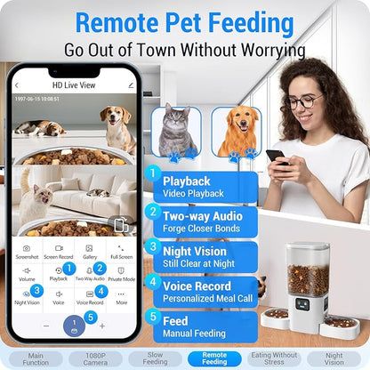 Frienhund Automatic Cat Feeder with Two 1080P Camera for 2 Cats: 7L Automatic Dog Feeder with Night Vision & Slow Feed, 5G WiFi Auto Cat Food Dispenser for Multiple Pet,Detachable for Clean(ACF180W-C)