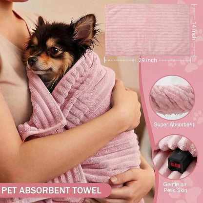 4PCS Dog Bath Kit & Dog Brush Kit for Dogs & Cats - Professional Pet Grooming Tools Set with Shedding Brush, Bath Scrubber, Dematting Comb & Storage Bag - Complete Dog Washing Essentials, Pink