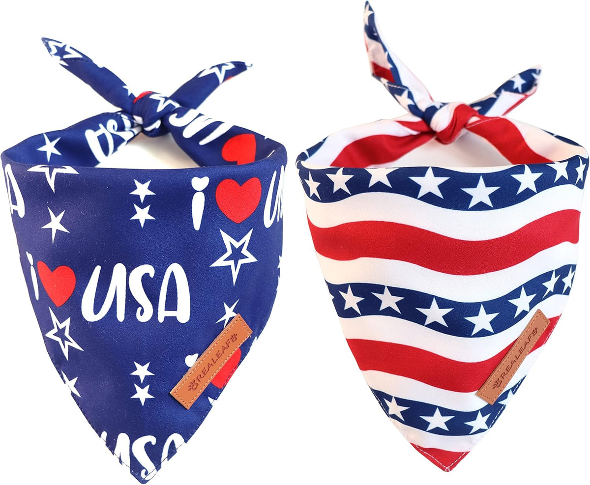 Realeaf 4th of July Dog Bandanas 2 Pack, Triangle Reversible American Flag Pet Patriotic Scarf for Boy and Girl, Premium Durable Fabric, USA Bandana for Large and Extra Large Dogs (X-Large)