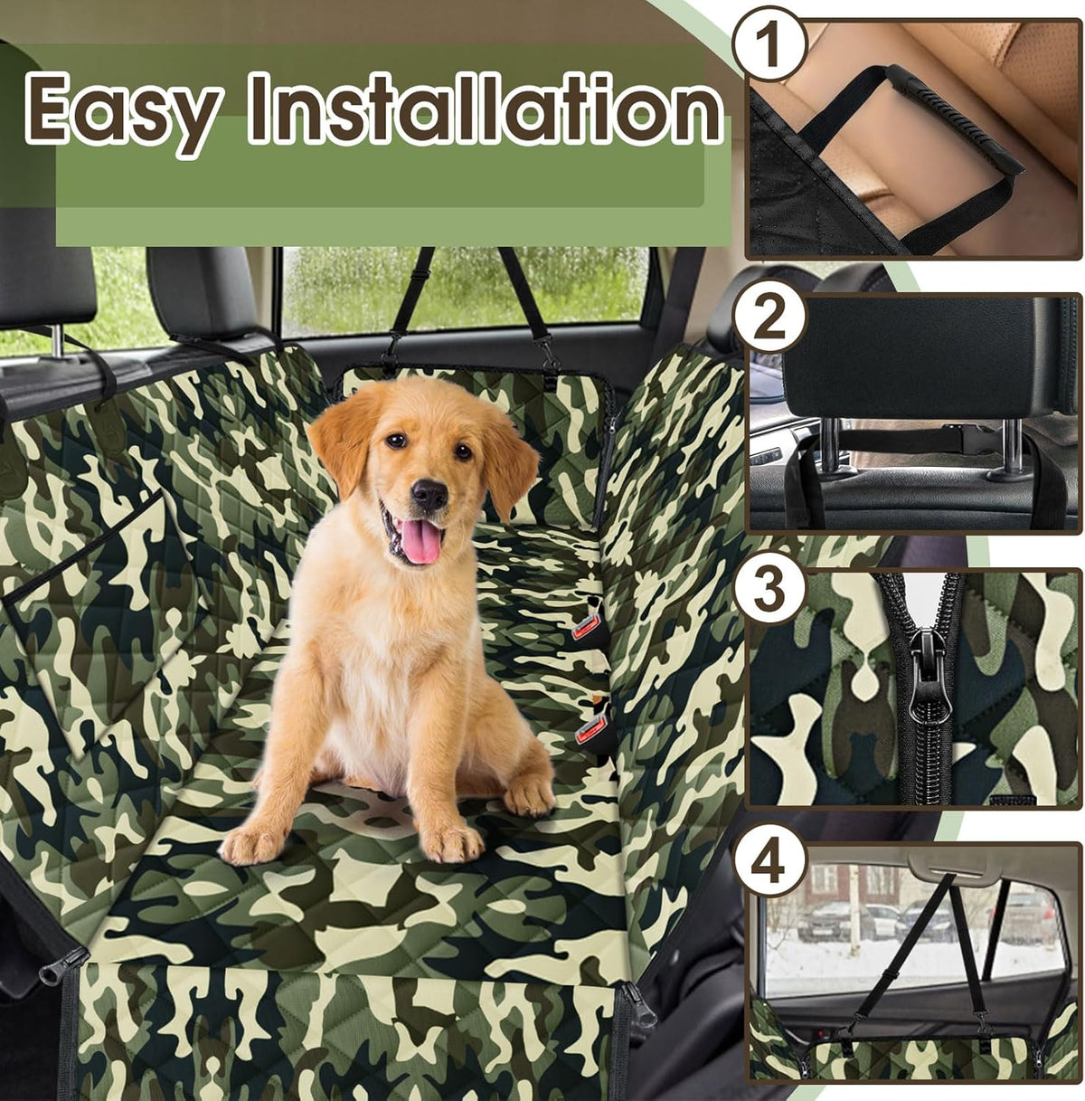 Dog Car Seat Cover, Durable Waterproof Scratch Proof Nonslip Dog Hammock, Pet Back Seat Covers with Pocket for Cars SUVs and Trucks - S, Camouflage