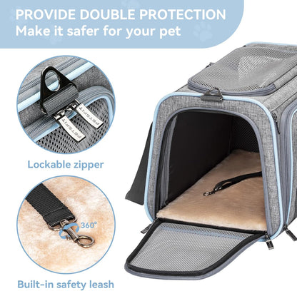 Petsfit Expandable Large Cat Carrier Small Dog Carriers Airline Approved, 17" Lx 11" Wx 11" H Soft-Sided Portable Washable Pet Travel Carrier with 2 Extension for Kittens, Puppies, Rabbits