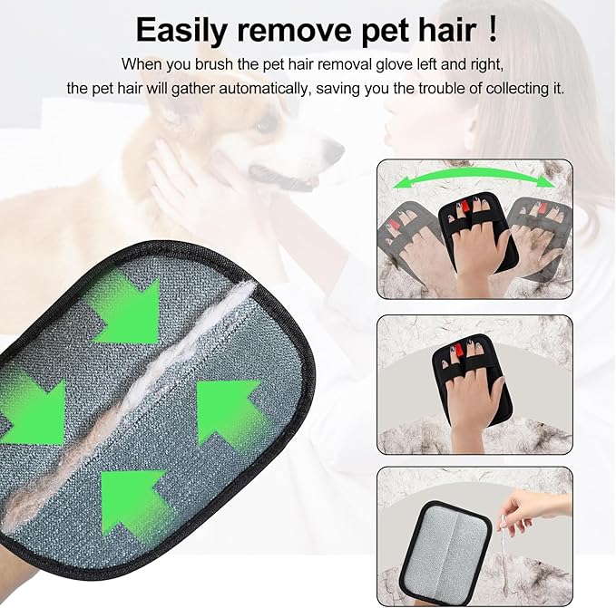Pet Hair Removal Glove, Magic Brush Pet Hair, Cat Comb, Washable Reusable Dogs Cats Hair Gloves for Furniture, Bed, Sheets, Couch, Clothes, Carpet, Car Seat, Pet Grooming, Curtain (2PCS)
