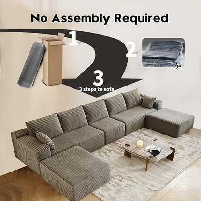 168.5" Modular Sectional Sofa, Oversized U-Shaped Minimalist Couches with 1 Middle Seat and 2 Ottomans Chaise, Modern Deep Seat Convertible Sleeper Sofa, Cloud Plush Corduroy Fabric,7 Seater, Camel