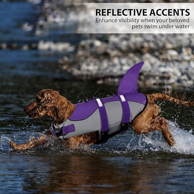 Dog Shark Life Jacket with Rescue Handle - Adjustable Reflective Dog Life Preserver for Small Dogs, Purple