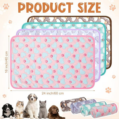 Tatuo 4 Pack Fleece Dog Blankets for Puppy Cats Multi-Size Sleep Mat for Pet Guinea Pig Soft Washable Crate Bed Puppy Teething Toys Print Pattern Warm Blanket Indoor(Pastel Color,24 x 16 Inch,Heart)