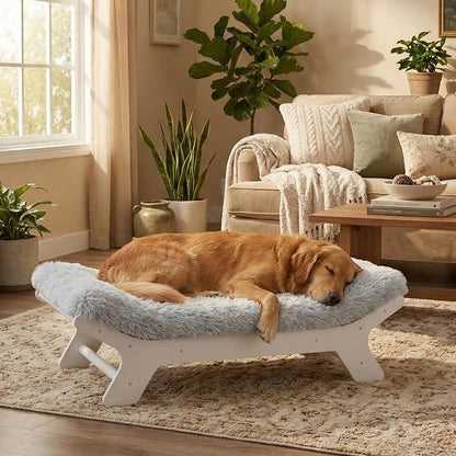 Elevated Wood Dog Bed Frame Mat Set, Whitecolor, Large | Raised Sturdy Attractive Dog Sofa Couch Furniture,80 lb