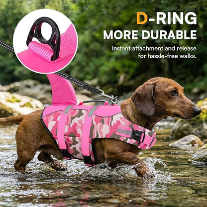 Dog Life Jacket Ripstop Dog Shark Safety Vest Adjustable Preserver with High Buoyancy and Durable Rescue Handle for Small,Medium,Large Dogs, Pink Camouflage X-Large