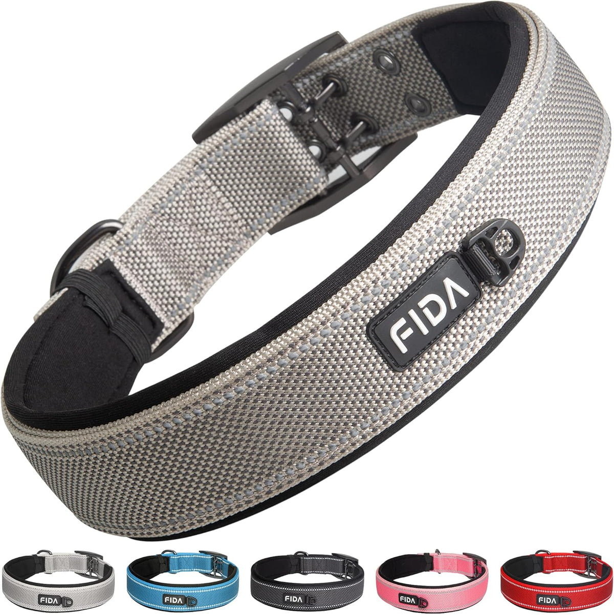 Fida Heavy Duty Dog Collar 1.5” Width, Ultra Soft Neoprene Padded, Adjustable Reflective Nylon Pet Collar with Two Metal Pin Belt Buckle for Large/X-Large Breeds (XL, Grey)