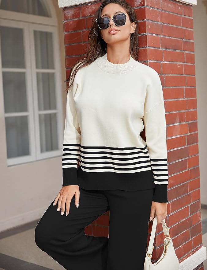 Tanming Women's Lounge Sets 2 Piece Outfits Knitted Pullover Sweater Tops Wide Leg Pants Tracksuit