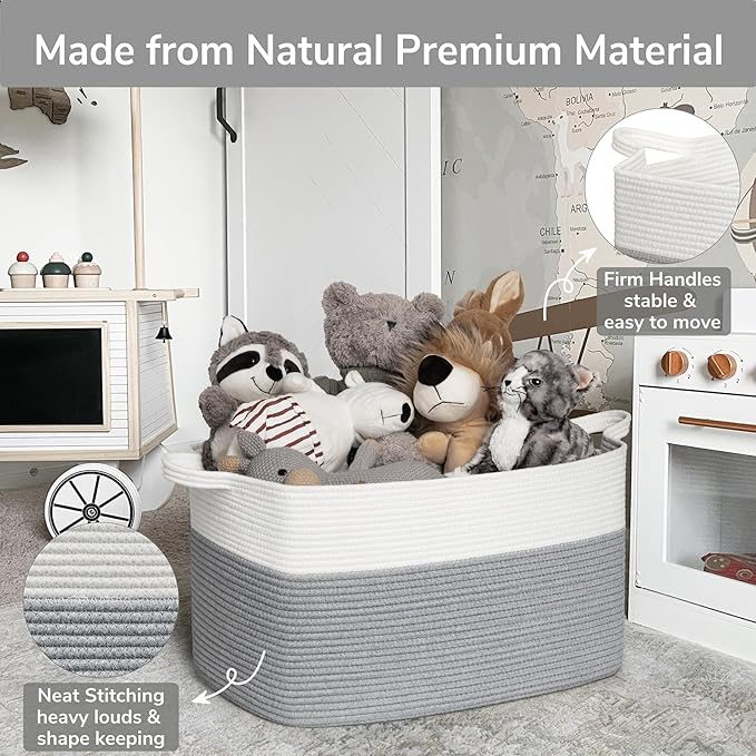 Goodpick Large Toy Storage Basket, Grey Cotton Rope Baskets Toy Storage Bin for Baby, Kids, Woven Storage Basket with Handle for Laundry, Living Room, Nursery, Bedroom, 21.6" x 14.9" x 11.8"