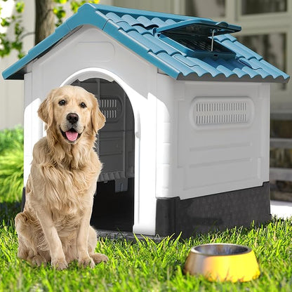 DWVO 41.3'' Plastic Foldable Dog House for Small, Medium, and Large Dogs, Waterproof Folding Pet House with Adjustable Top Window and Elevated Base (41.3''L x 34.6''W x 39''H)