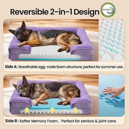 OhGeni Orthopedic Extra Large Dog Bed Couch, Memory Foam, 44-inch (Purple) | Waterproof Pet Bed with Machine-Washable Removable Cover & Soft Comfortable Fabric