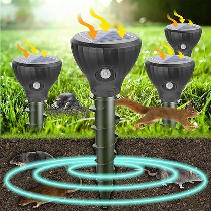 2026 Upgraded Solar Mole & Gopher Repellent 4 Pack, IP65 Waterproof Ultrasonic Vibration Stakes, Snake Skunk Vole Groundhog Deterrent to Protect Yard, Lawn & Garden