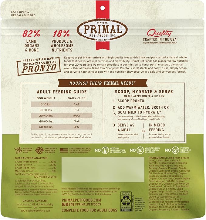 Primal Freeze Dried Dog Food, Pronto Mini Nuggets, Lamb; Scoop & Serve, Complete & Balanced Meal; Also Use as Topper or Treat; Premium, Healthy, Grain Free, High Protein Raw Dog Food (25 oz, 2-Pack)