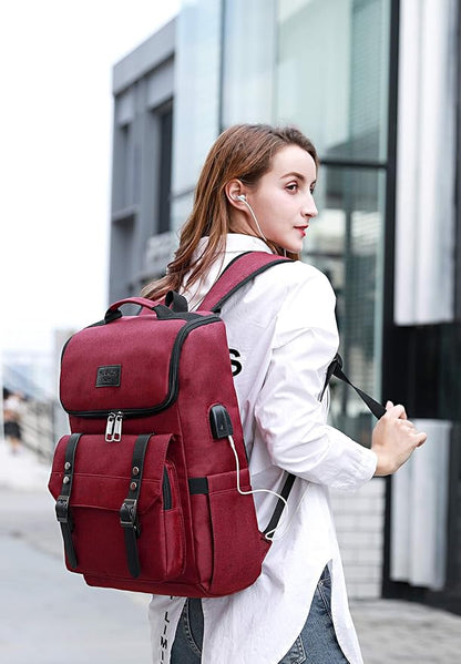 YALUNDISI Vintage Backpack Travel Laptop Backpack with usb Charging Port for Women & Men College Backpack Fits 15.6 Inch Laptop Red