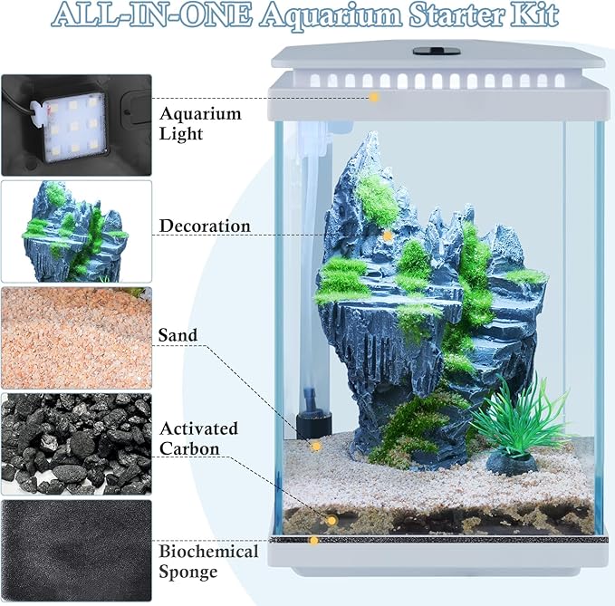 FEDOUR Small Glass Aquarium, 1 Gallon Desktop Fish Tank, Betta Fish Tank, Mini Aquarium Starter Kit with Air Pump LED Light Decoration Water Changer Fish Net (White)