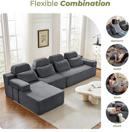 136" L-Shaped Cloud Modular Sectional Sofa with Chaise & Headrest, Boneless Deep Seat Plush Corduroy Couches for Large Living Room, No Assembly Required (Dark Gray, 136" L-shapred Chaise)