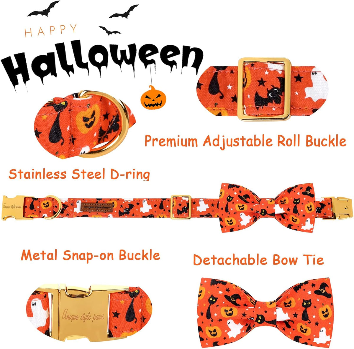 Unique style paws Halloween Dog Collar with Bow Tie Cotton Adjustable Puppy Collar for Small Medium Large Dogs-XS