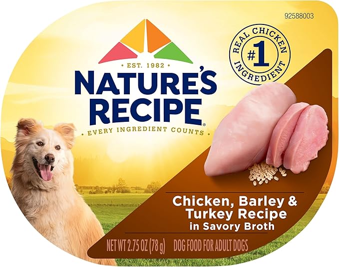 Nature’s Recipe Chicken, Barley & Turkey Recipe in Savory Broth Wet Dog Food, 2.75 oz. Cup, 12 Count