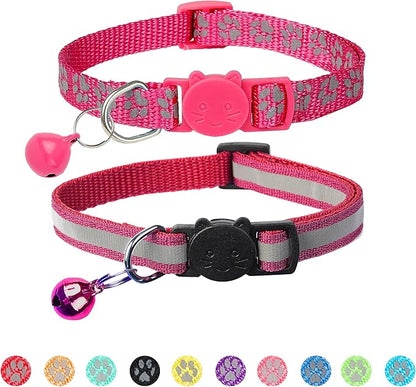 BANMODER 2 Pack Reflective Cat Collar Breakaway with Bell,Personalized Kitten Collars,Adjustable Safety Buckle Collar for Male Cats Girls & Boys (Hot Pink)