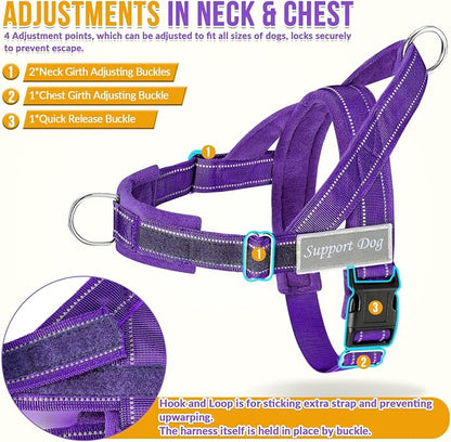 SlowTon No Pull Dog Harness with Front Clip - Heavy Duty, Soft Padded | Neck & Chest Adjustable, Tactical Pet Vest and Leash Set for Large Medium Sized Dogs, for Easy Walk & Training, Purple M