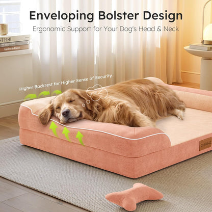 XXL Dog Bed for Extra Large Dogs, Giant Orthopedic Dog Bed with Cooling Gel Memory Foam, Waterproof Pet Bed with Removable Washable Cover, 53" Pet Sofa bed Dutch Velvet with Bone Toy, Peach Pink