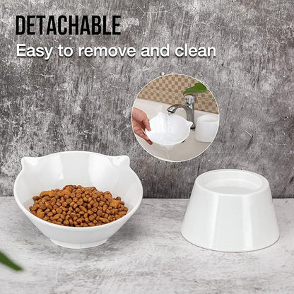Detachable Elevated Cat Bowls, 15° Tilted Raised Cat Food Bowl Anti-Vomiting, Whisker Friendly, Adjustable Pet cat Dishes for Protecting Spine, Adult Kitten (White)