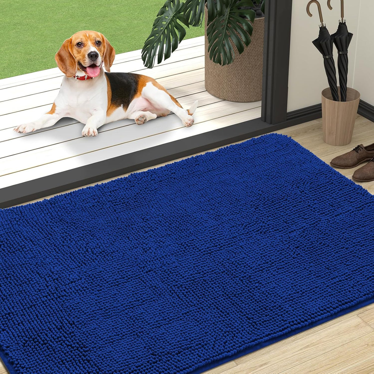 OLANLY Dog Door Mat for Muddy Paws 47x32, Absorbs Moisture and Dirt, Absorbent Non-Slip Washable Doormat, Quick Dry Chenille Mud Mat for Dogs, Entry Indoor Entryway Carpet for Inside Floor, Royal Blue