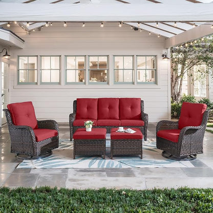 Belord 5 Piece Outdoor Patio Furniture Set - Wicker Furniture Patio Conversation Set, Outdoor Swivel Rocker Chairs with 3-Seater Sofa and 2 Ottomans for Small Space, Red Cushion