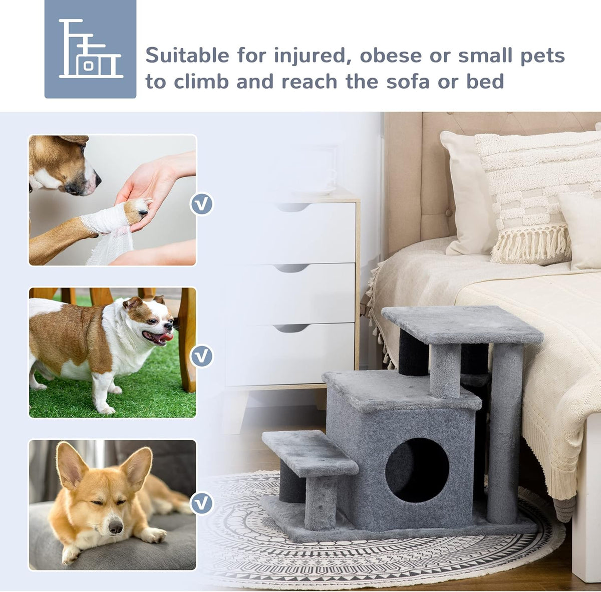 PawHut Pet Stairs, Adjustable Height 3/4 Step Cat Steps with Scratching Post, Condo, Toy Ball for High Bed, Sofa, Couch, Indoor Small Cats, Kittens, Gray