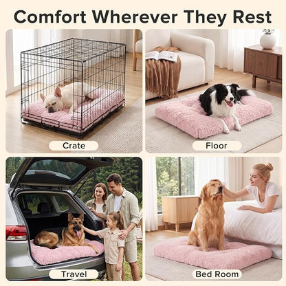 JOEJOY Large Dog Bed Crate Pad, Deluxe Plush Washable Dog Beds Fulffy Soft Kennel Pad Anti-Slip Pet Sleeping Mat for Large Medium Small Dogs, 35" x 23", Pink