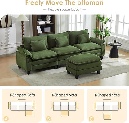 URRED Cloud Couch Modular Sectional Sofa, 122'' Modern L Shaped Deep Seat Sofa with Ottoman & Pillows, Ultra Comfy Corduroy Couches for Living Room, Bedroom or Apartment, Green