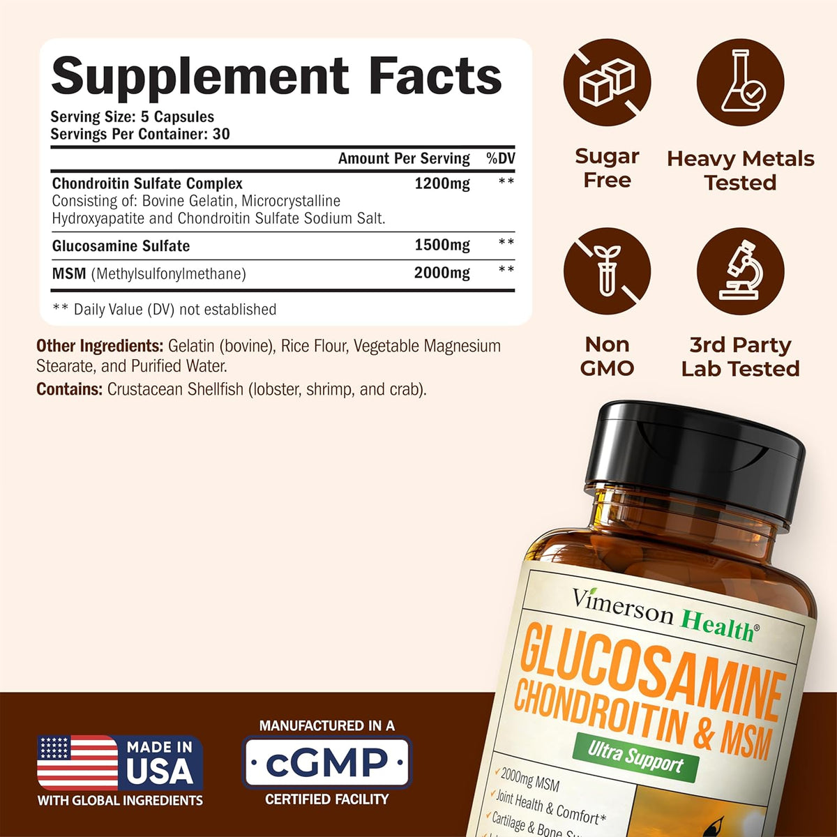 Glucosamine Chondroitin MSM Supplement – 3-in-1 Joint Supplements for Men and Women w/Glucosamine Sulfate 1500mg, Chondroitin Sulfate 1200mg & MSM 2000mg for Joint Health – FSA Eligible 150 Caps