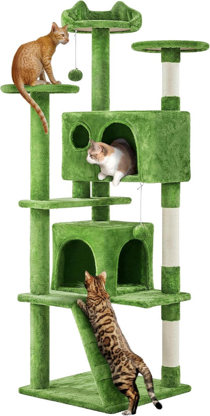 Yaheetech 62in Cat Tree Tower for Indoor Cats, Furniture w/Double Condo, Scratching Posts, Multiple Platforms and Balls for Kittens, Green