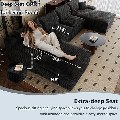 136" Cloud Sectional Couch U-Shaped Chaise with Ottoman, Corduroy Boneless Couch for Living Room Bedroom, Deep-Seat Upholstered Modular Cloud Sofa, No Assembly Required (Black, Right Facing Chaise)