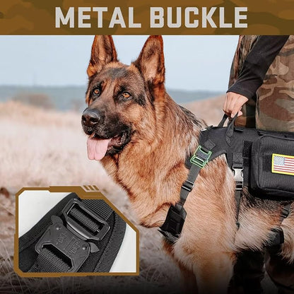 Forestpaw Tactical Dog Harness for Large Dogs,Tactical Dog Collar with Bungee Leash Set,No Pull Military Dog Harness for Walking Training,Adjustable for Medium Large Dogs,Black,Chest 27-40"
