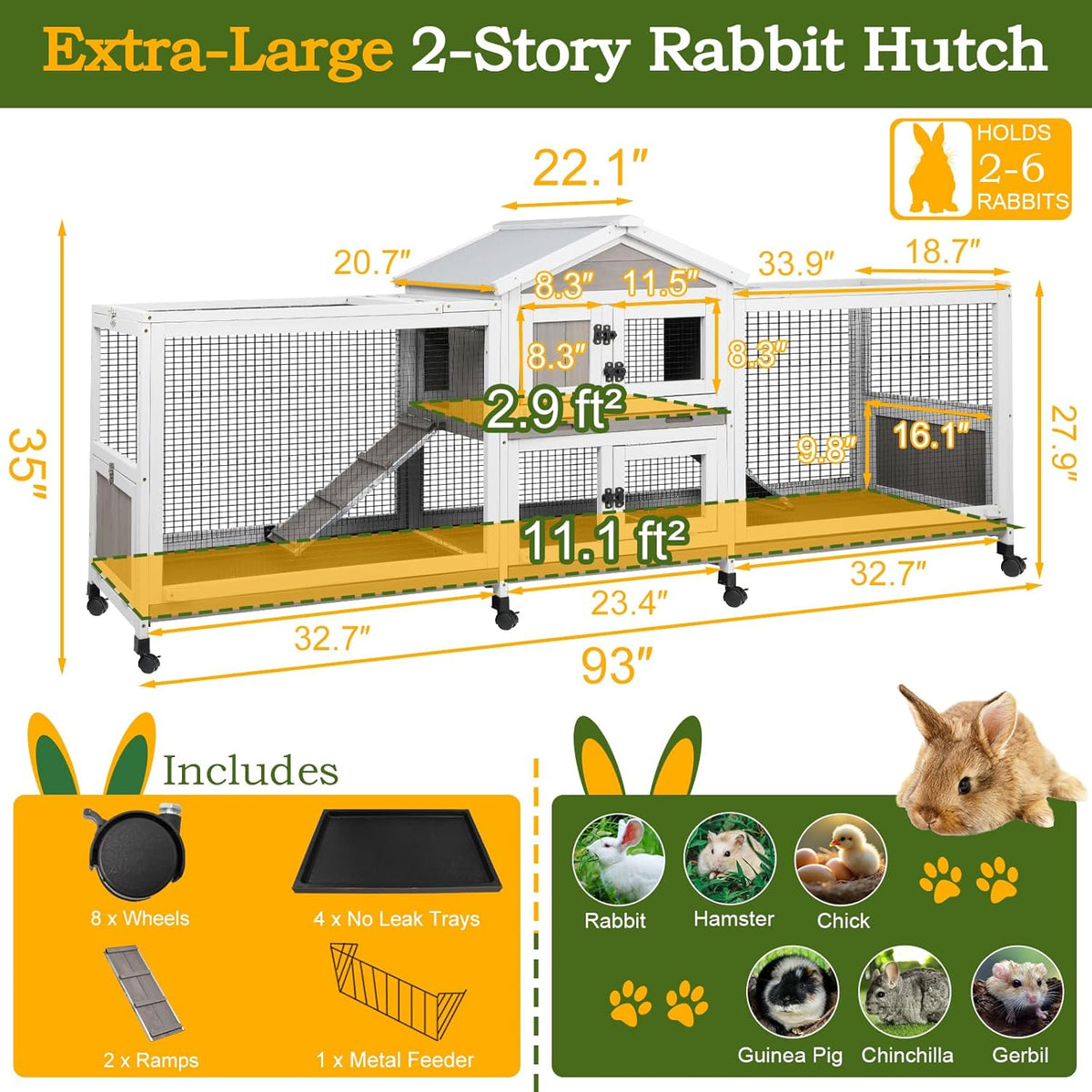 Double Rabbit Hutch Outdoor Indoor Large Bunny Cage with Dual Side Runs, 2-Story Wooden Hutch with 4 Leak Proof Trays, 8 Wheels, Waterproof Roof, Ramp, for Small to Medium Animals