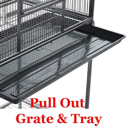 54" LARGE Wrought Iron 4-Level Chew-Proof Tight 1/2-inch Wire Spacing Ferret Squirrel Chinchilla Sugar Glider Rat Mice Rabbit Hamster Critter Home Cage Easy Clean Pull Out Tray Removable Rolling Stand