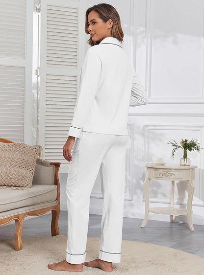 Veseacky 100% Cotton Pajamas for Women Set Long Sleeve Button Down Sleepwear Soft Pjs Lounge Sets with Pockets XS-XXL