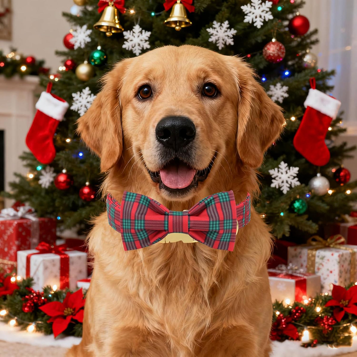 Unique Style Paws Christmas Dog Collar with Bow Red Green Plaid Cotton Puppy Collars for Small Medium Large Dogs