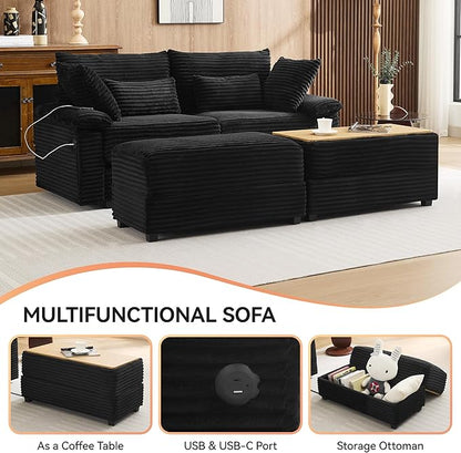 75" Corduroy Loveseat with Storage Ottoman & USB, Cloud Deep Seat Couch with Convertible Ottoman Coffee Table, Double Chaise Lounge for Living Room, Corduroy Black