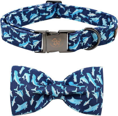 Elegant Little Tail Dog Collar with Bow, Shark Print Adjustable Cute Bowtie Collar for Medium Dogs